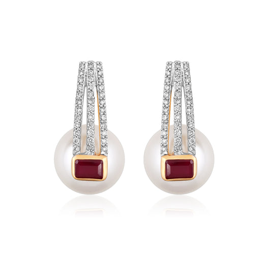 White Pearl & Red Stone Huggie Earrings