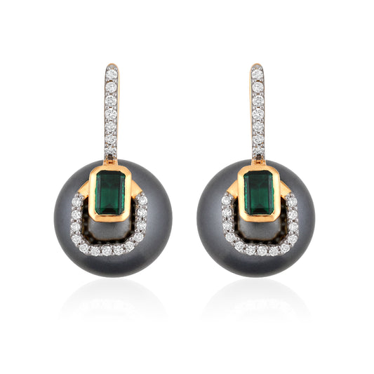 Black Pearl & Green Stone Huggie Earrings